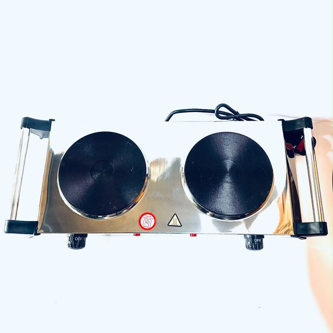 A double-burner electric hot plate with a stainless steel body and black heating plates, shown against a plain white background.